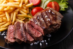 New York Steak With French Fries And Salad, Selective Focus.