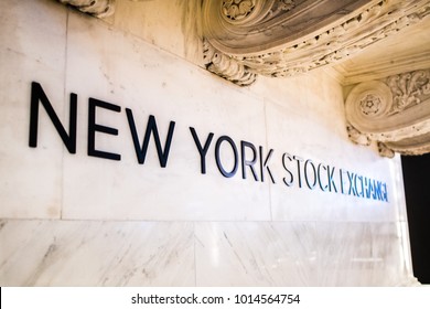 New York Stock Exchange, New York, New York, USA, 01-26-2018: Famous letters of the NYSE on a wall right under the famous bell podium.