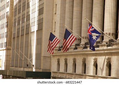 New York Stock Exchange At Wall Street. Manhattan NYC, Hudson, Financial District. Nice View From The Water At Touristic Big Apple. Skyline Landmark United States Of America.