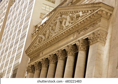 New York Stock Exchange At Wall Street. Manhattan NYC, Hudson, Financial District. Nice View From The Water At Touristic Big Apple. Skyline Landmark United States Of America.