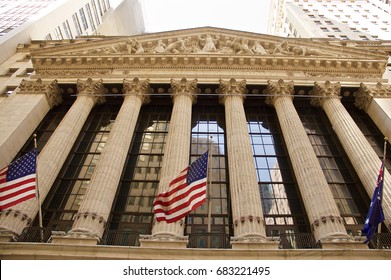 New York Stock Exchange At Wall Street. Manhattan NYC, Hudson, Financial District. Nice View From The Water At Touristic Big Apple. Skyline Landmark United States Of America.