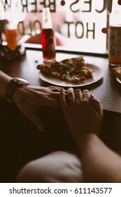 New York Style On The Street, Warm, Italian Pizza With Holding Hands Of Couple