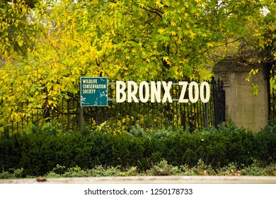 NEW YORK - UNITED STATES - 26 NOVEMBER 2018. Bronx Zoo sign with beautiful trees in the background. The Bronx Zoo is a zoo located within Bronx Park in the Bronx, a borough of New York, USA.
