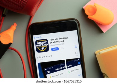 New York, United States - 7 November 2020: Phone Screen Close-up With Fantasy Football Draft Wizard Mobile App Logo On Display, Illustrative Editorial.