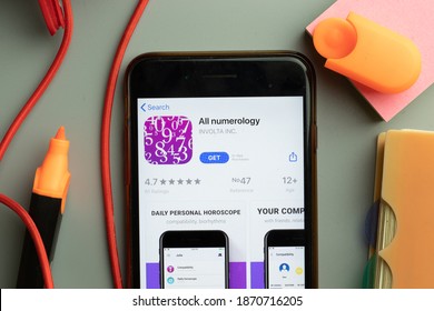 New York, United States - 7 November 2020: Phone Screen Close-up With All Numerology Mobile App Logo On Display, Illustrative Editorial.