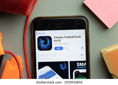 New York, United States - 7 November 2020: Phone Screen Close-up With Fantasy Football Draft Kit IQ Mobile App Logo On Display, Illustrative Editorial.