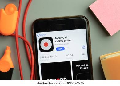 New York, United States - 7 November 2020: TapeACall Call Recorder App Store Logo On Phone Screen, Illustrative Editorial.