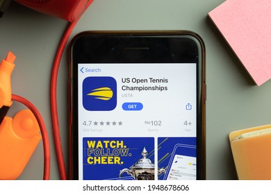 New York, United States - 7 November 2020: Phone Screen Close-up With US Open Tennis Championships Mobile App Logo On Display, Illustrative Editorial