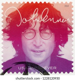 NEW YORK, UNITED STATES OF AMERICA - SEPTEMBER 07, 2018: A Stamp Printed In USA Shows John Winston Ono Lennon (1940-1980), Series Music Icons, Forever, 2018 