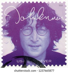 NEW YORK, UNITED STATES OF AMERICA - SEPTEMBER 07, 2018: A Stamp Printed In USA Shows John Winston Ono Lennon (1940-1980), Series Music Icons, Forever, 2018 