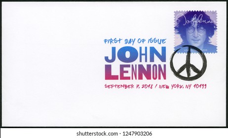 NEW YORK, UNITED STATES OF AMERICA - SEPTEMBER 07, 2018: A Stamp Printed In USA Shows John Winston Ono Lennon (1940-1980), Series Music Icons, Forever, 2018