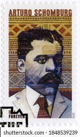 NEW YORK, UNITED STATES OF AMERICA - MAY 21, 2020: A Stamp Printed In USA Shows Arturo Alfonso Schomburg (1874-1938), Series Voices Of The Harlem Renaissance, 2020 