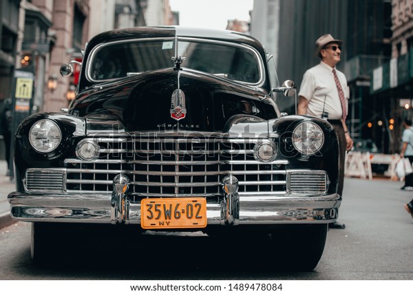 New York,
New York / United States of America - June 23, 2019: Vintage cars
on set in Manhattan for the television series 