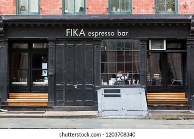 New York, New York / United States - August 19, 2018: An Exterior View Of The FIKA Espresso Bar On Pearl Street In Lower Manhattan