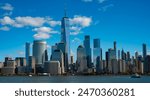 New York, United States. New York city skyline in Midtown Manhattan. USA, NYC, NY, Manhattan. American big city. Lower Manhattan skyline. New York from New Jersey. Downtown Manhattan with blue sky.