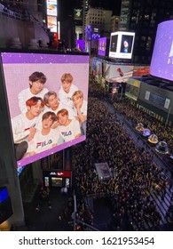 NEW YORK, UNITED STATES - Dec 31, 2019: Thousands Of People Waiting For A Ball Drop In NYC, Times Square.
Thousands Of NYPD Crafts Mobilized. Stars Incl. Post Malone, BTS, Ryan Seacrest.