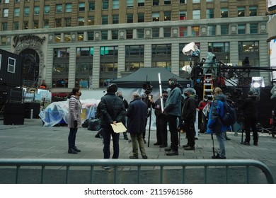 New York, United States - December, 2021: Live New Year's Eve News Broadcast From Time Square, New York. Interview From Times Square