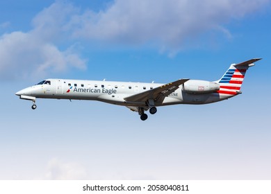 New York, United States - February 29, 2020: American Eagle Envoy Air Embraer 140 Airplane At New York JFK Airport In The United States.