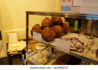 NEW YORK, UNITED STATES- FEBRUARY 16, 2022: Interior Bar Design And Counter Decoration At 'BLUE BOTTLE CAFE' Famous Coffee Shop And Bakery Store Near W 40TH STREET And Bryant Park- NYC, USA