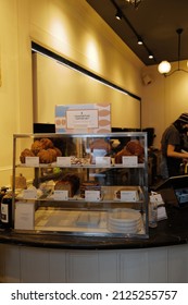 NEW YORK, UNITED STATES- FEBRUARY 16, 2022: Interior Bar Design And Counter Decoration At 'BLUE BOTTLE CAFE' Famous Coffee Shop And Bakery Store Near W 40TH STREET And Bryant Park- NYC, USA