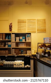 NEW YORK, UNITED STATES- FEBRUARY 16, 2022: Interior Bar Design And Counter Decoration At 'BLUE BOTTLE CAFE' Famous Coffee Shop And Bakery Store Near W 40TH STREET And Bryant Park- NYC, USA