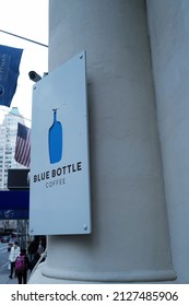 NEW YORK, UNITED STATES- FEBRUARY 16, 2022: Exterior Design And Front Facade Decoration At 'BLUE BOTTLE CAFE' Famous Coffee Shop And Bakery Store Near W 40TH STREET And Bryant Park- NYC, USA