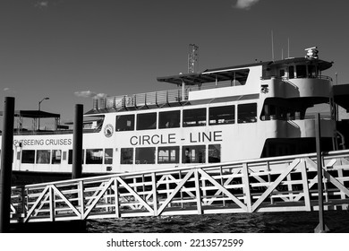 NEW YORK, UNITED STATES - Jul 20, 2021: A Grayscale Shot Of Circle Line Sightseeing Cruise Ship Moored Due To Covid, New York, USA