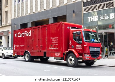 NEW YORK, UNITED STATES - Jun 04, 2022: A Certified MSI Red Corporate Relocation Truck In Midtown Manhattan