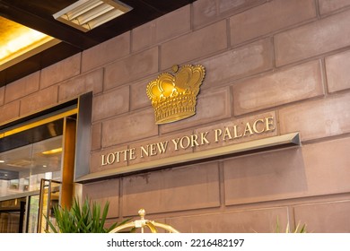 NEW YORK, UNITED STATES - Jun 24, 2022: The Lotte New York Palace Hotel Signage With A Golden Crown