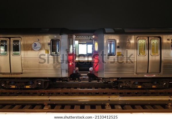 NEW YORK, UNITED STATES-\
MARCH 3, 2022: Soft focus of Exterior building architecture and\
decoration design of New York metropolitan subway, the most\
populous city- NY, USA