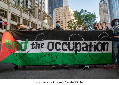 NEW YORK, UNITED STATES - May 15, 2021: Pro-Palestine, anti-Israel protesters hold a rally in New York City during fighting between Israel and Hamas in the Gaza Strip