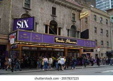 New York, New York  United States - October 9, 2021: Six The Musical. Broadway Marquee. Daytime.