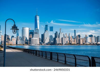 New York, United States. Panorama view of New York city skyline in Midtown Manhattan. USA, NYC, NY, Manhattan. American big city. Lower Manhattan skyline. New York from New Jersey. Downtown Manhattan.