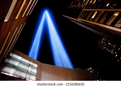 NEW YORK, UNITED STATES - Sep 11, 2012: A Low Angle Shot Of The WTC Tribute In Lights In Lower Manhattan