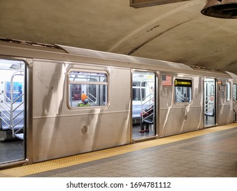 New York, United States, USA March 24, 2020: Subway Station, Grand Central, Empty, Coronavirus, People Wearing Mask