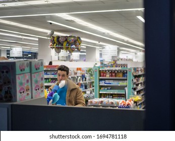 New York, United States, USA March 23, 2020: Man With Mask In Cvs In New York, Misinformation , Wrong Mask Usage, Fear, Food Shortage