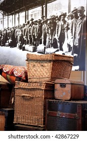 NEW YORK, US - DEC. 07: Old immigrants baggage at the entrance of Ellis Island Museum December 07, 2009 in New York, US.