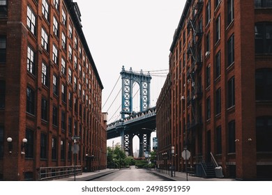 New York, US - May 13, 2023 - Manhattan Bridge at Brooklyn street New York city US