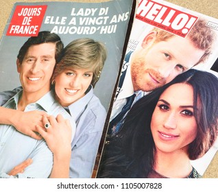 NEW YORK, US - OCTOBER 4, 2017. Magazine Jours De France With Princess Diana And Prince Charles On Cover And Magazine Hello! Witch Prince Harry And Meghan On Cover