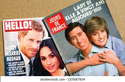 NEW YORK, US - OCTOBER 4, 2017. Magazine Jours De France With Princess Diana And Prince Charles On Cover And Magazine Hello! Witch Prince Harry And Meghan On Cover