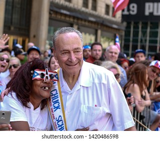 New York, New York / USA -06/09/2019 New York Senator Chuck Schumer Attends The Annual Puerto Rican Day Parade In Mid-Town Manhattan 