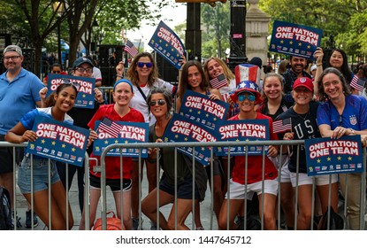 New York , New York / USA - 07/10/2019 A View Of The Fans Of The  Womens World Cup Soccer Team Ticker Tape Parade In New York City