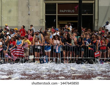 New York , New York / USA - 07/10/2019 A View Of The Fans Of The  Womens World Cup Soccer Team Ticker Tape Parade In New York City