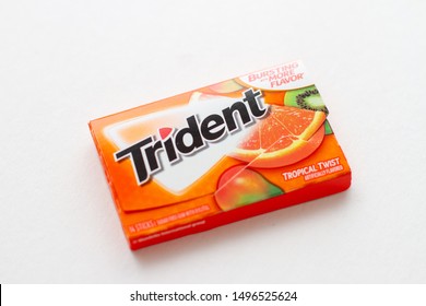 New York, New York / USA - 09/01/2019: Packing Of Chewing Gum Trident On A White Background