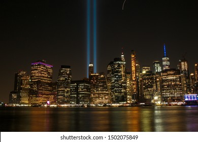 New York , New York / USA - 09/11/19 Tribute Lights And 911 Memorial During The 911 Remembrance Day.