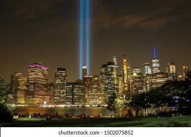 New York , New York / USA - 09/11/19 Tribute Lights And 911 Memorial During The 911 Remembrance Day.