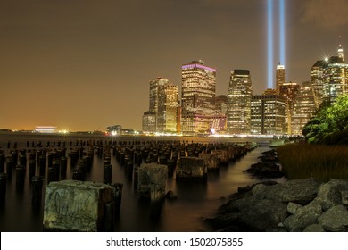 New York , New York / USA - 09/11/19 Tribute Lights And 911 Memorial During The 911 Remembrance Day.