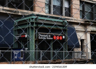 New York, USA, 09.12.2015: Subway Station Sign, Industrial Urban City Neighbourhood Scenery