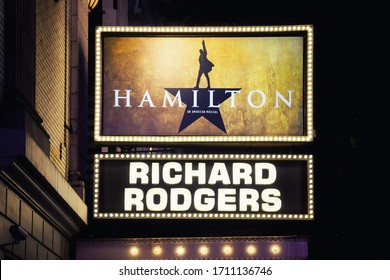 New York - USA - 09-24-2018: Sign Of Hamilton Musical