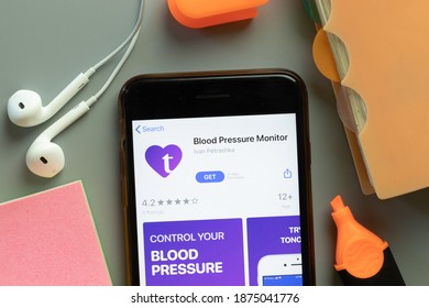 New York, USA - 1 December 2020: Blood Pressure Monitor Mobile App Icon On Phone Screen Top View, Illustrative Editorial.